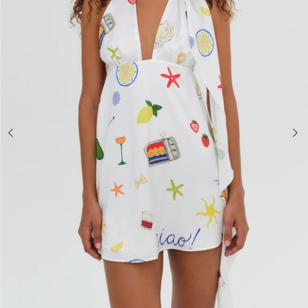 For Love & Lemons White Mini Dress with Summer Icons and Attached Scarf